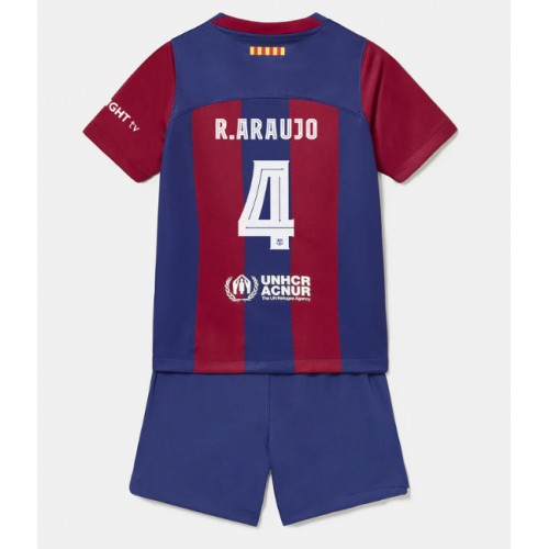 Fotbalové Dres Barcelona Ronald Araujo #4 Dětské Domácí 2023-24 Krátký Rukáv (+ trenýrky)